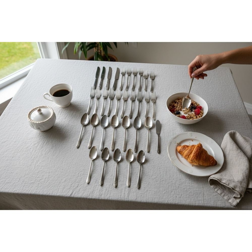 Rogers & Son Exquisite Pattern 1940 Silverplate Flatware Set 33 Pc Patina Retro